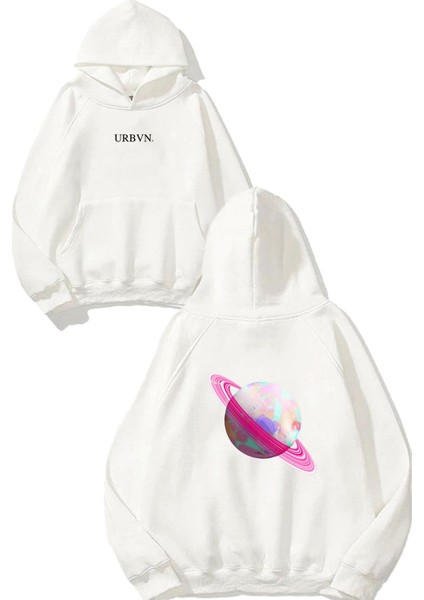 Satürn Tasarım Baskılı Oversize Beyaz Kapüşonlu Sweatshirt