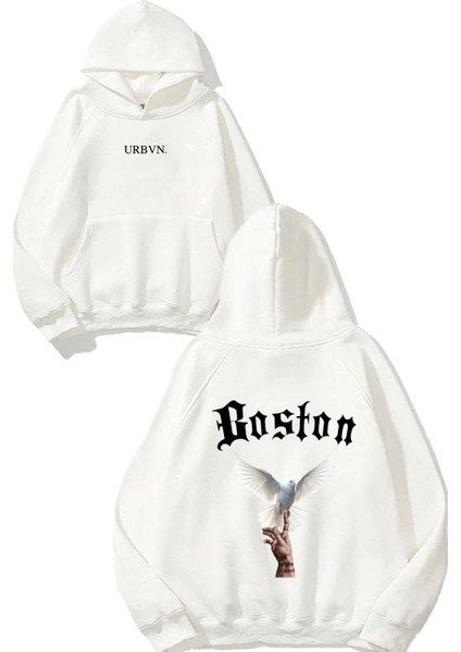 Boston Tasarım Baskılı Oversize Beyaz Kapüşonlu Sweatshirt
