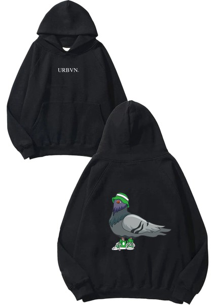 Bird Tasarım Baskılı Oversize Siyah Kapüşonlu Sweatshirt