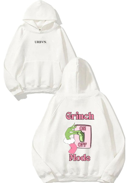 Grinch Mode Tasarım Baskılı Oversize Beyaz Kapüşonlu Sweatshirt