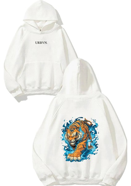 Fire Tiger Tasarım Baskılı Oversize Beyaz Kapüşonlu Sweatshirt