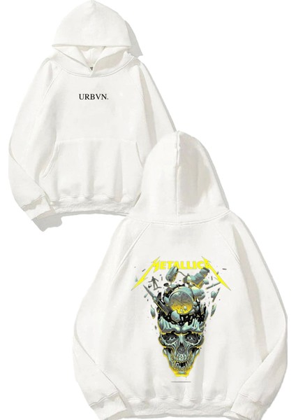 Metallica Yellow Tasarım Baskılı Oversize Beyaz Kapüşonlu Sweatshirt
