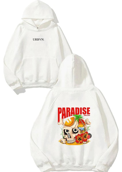 Paradise Skull Tasarım Baskılı Oversize Beyaz Kapüşonlu Sweatshirt