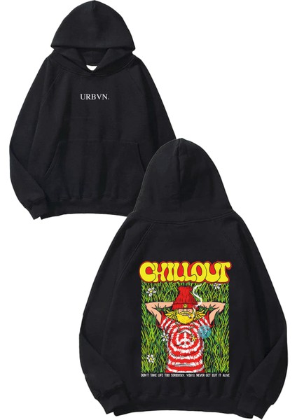 Chill Out Peace Tasarım Baskılı Oversize Siyah Kapüşonlu Sweatshirt