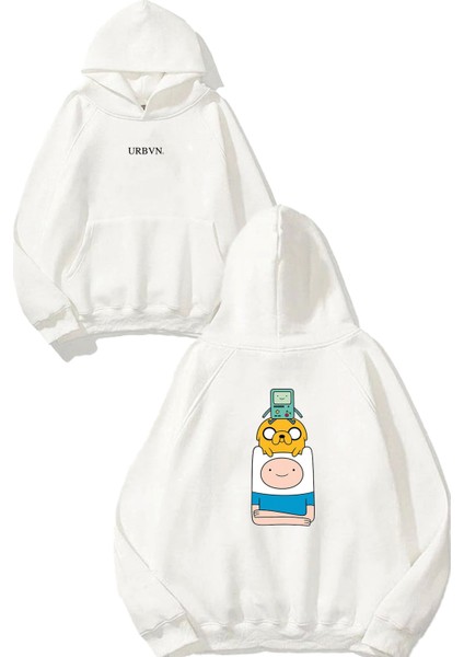 Adventure Time Tasarım Baskılı Oversize Beyaz Kapüşonlu Sweatshirt