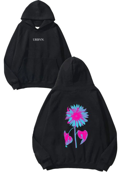 Pink Sunflower Tasarım Baskılı Oversize Siyah Kapüşonlu Sweatshirt