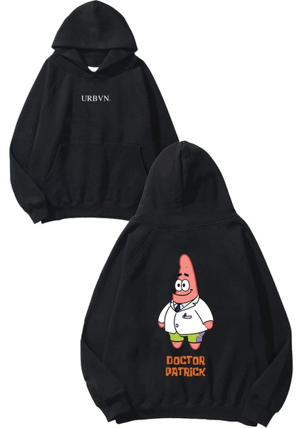 Patrick Doctor Tasarım Baskılı Oversize Siyah Kapüşonlu Sweatshirt