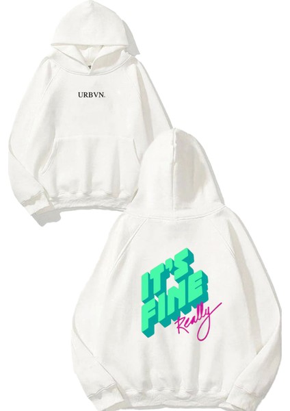 Its Fine Tasarım Baskılı Oversize Beyaz Kapüşonlu Sweatshirt