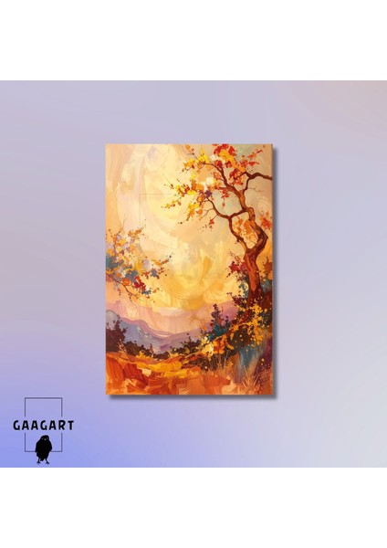 Tekli Dikey Kanvas Tablo Gün Batımı Renklerinde Ağaç Manzara modelleri