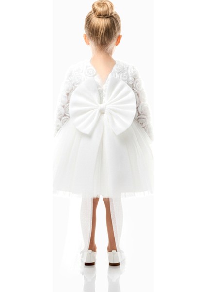 Kız Bebek Kız Çocuk Doğum Günü Parti Düğün Elbise Uzunkollu Güllü Fiyonklu Tüllü Tütü Astarlı