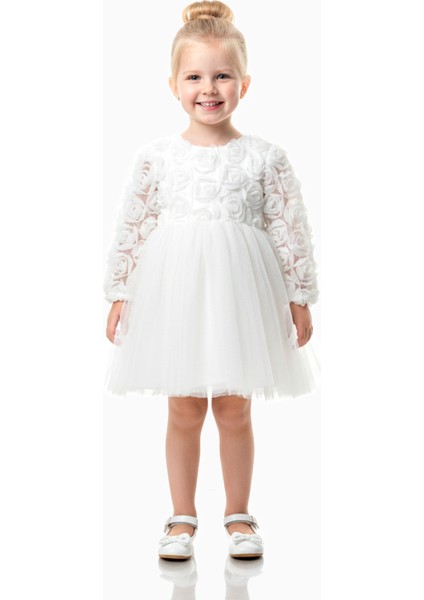 Kız Bebek Kız Çocuk Doğum Günü Parti Düğün Elbise Uzunkollu Güllü Fiyonklu Tüllü Tütü Astarlı modelleri