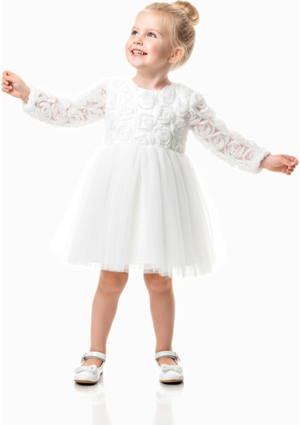 Kız Bebek Kız Çocuk Doğum Günü Parti Düğün Elbise Uzunkollu Güllü Fiyonklu Tüllü Tütü Astarlı indirimleri