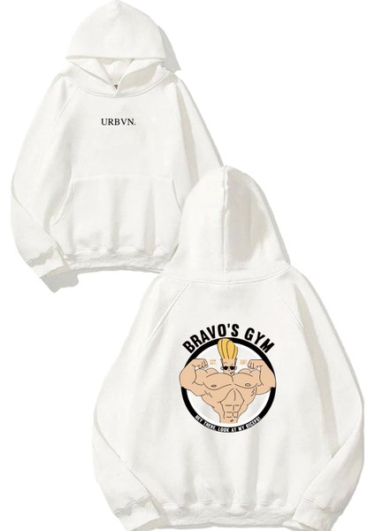 Bravos Gym Tasarım Baskılı Oversize Beyaz Kapüşonlu Sweatshirt