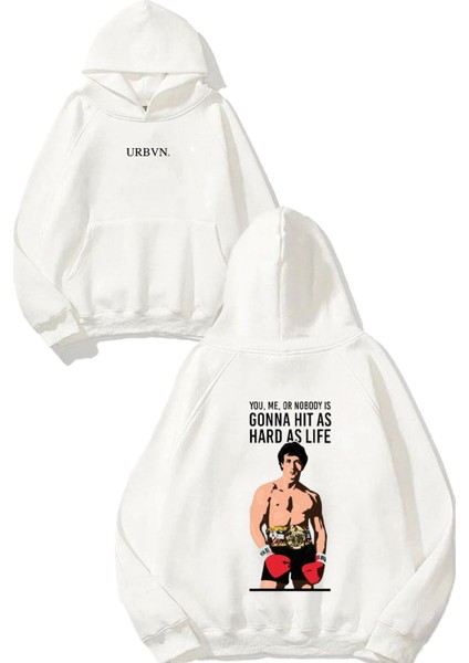 Rocky Balboa Tasarım Baskılı Oversize Beyaz Kapüşonlu Sweatshirt