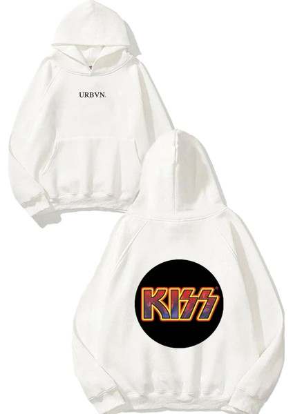 Kiss The Band Tasarım Baskılı Oversize Beyaz Kapüşonlu Sweatshirt