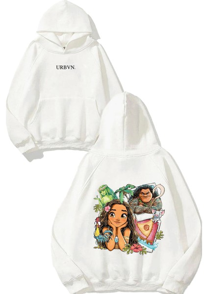 Moana Tasarım Baskılı Oversize Beyaz Kapüşonlu Sweatshirt