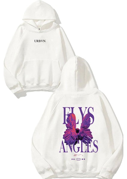 Flys Angles Tasarım Baskılı Oversize Beyaz Kapüşonlu Sweatshirt