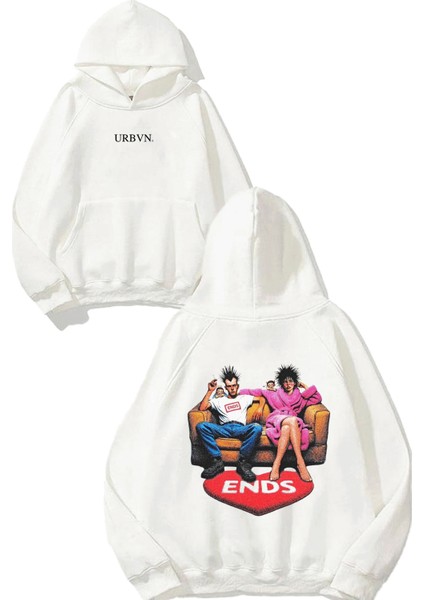 Ends Tasarım Baskılı Oversize Beyaz Kapüşonlu Sweatshirt