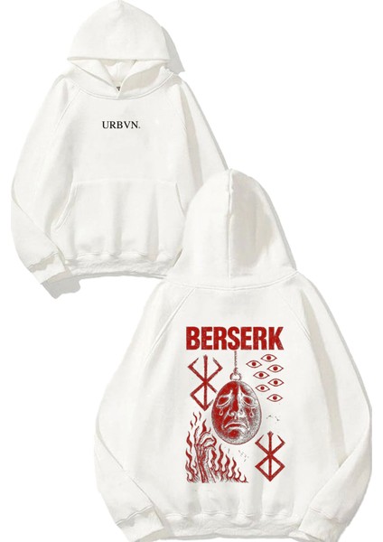 Berserk Red Tasarım Baskılı Oversize Beyaz Kapüşonlu Sweatshirt