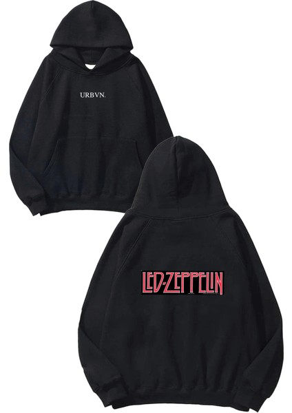 Zeppelin Tasarım Baskılı Oversize Siyah Kapüşonlu Sweatshirt