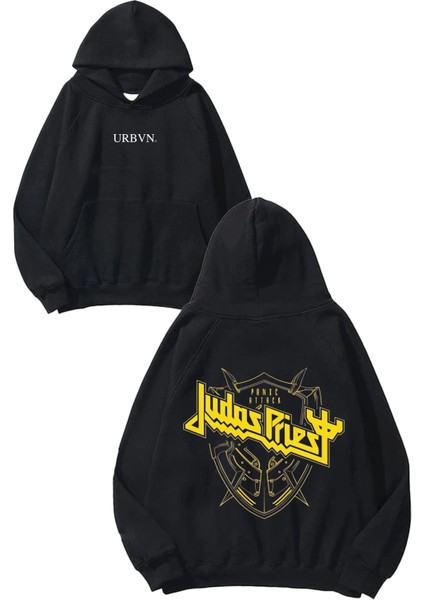 Judas Pries Tasarım Baskılı Oversize Siyah Kapüşonlu Sweatshirt
