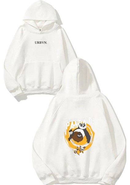 Kung Fu Panda Tasarım Baskılı Oversize Beyaz Kapüşonlu Sweatshirt
