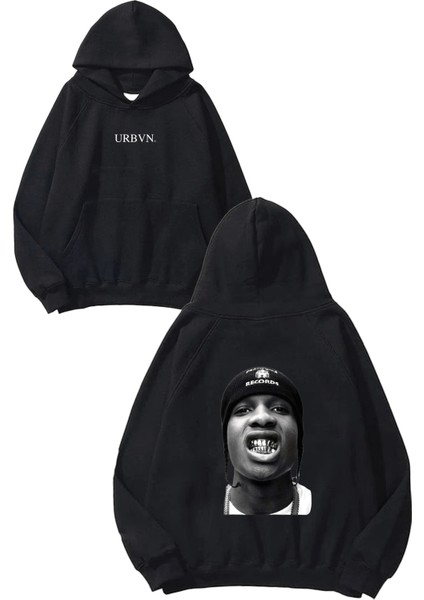 Asap Grillz Tasarım Baskılı Oversize Siyah Kapüşonlu Sweatshirt