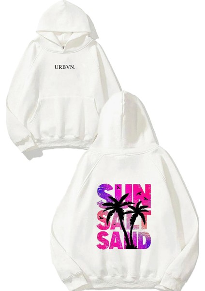 Sun Salt Sand Tasarım Baskılı Oversize Beyaz Kapüşonlu Sweatshirt