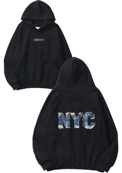 Nyc Denim Tasarım Baskılı Oversize Siyah Kapüşonlu Sweatshirt
