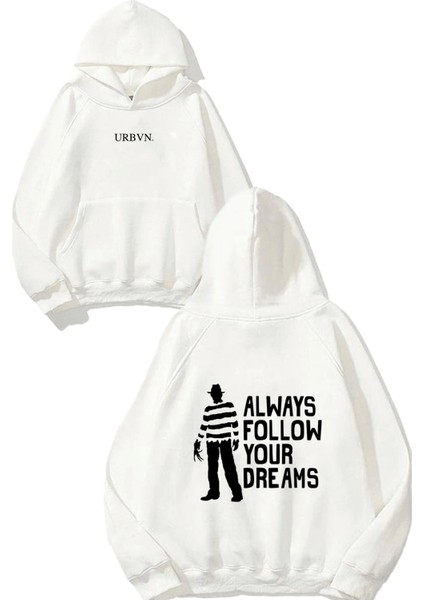 Follow Your Dreams Tasarım Baskılı Oversize Beyaz Kapüşonlu Sweatshirt