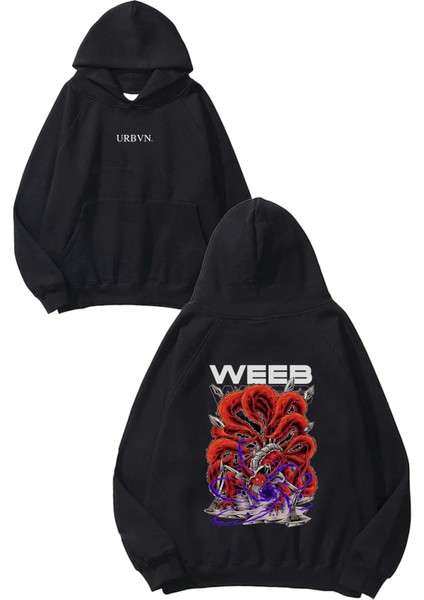 Weeb Tasarım Baskılı Oversize Siyah Kapüşonlu Sweatshirt