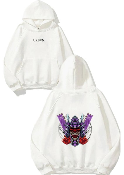 Japanese Demon Tasarım Baskılı Oversize Beyaz Kapüşonlu Sweatshirt