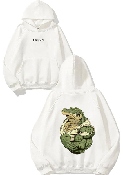 Crocodile Tasarım Baskılı Oversize Beyaz Kapüşonlu Sweatshirt