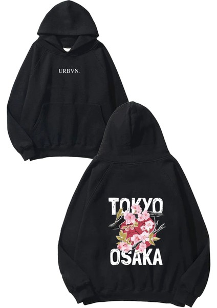 Osaka Tasarım Baskılı Oversize Siyah Kapüşonlu Sweatshirt