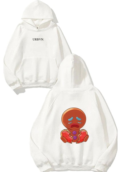 Cookie Broke Tasarım Baskılı Oversize Beyaz Kapüşonlu Sweatshirt