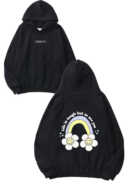 Smiley Daisy Tasarım Baskılı Oversize Siyah Kapüşonlu Sweatshirt