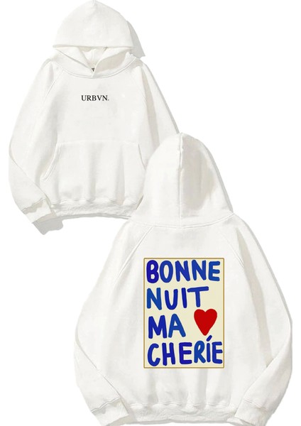 Cherie Tasarım Baskılı Oversize Beyaz Kapüşonlu Sweatshirt