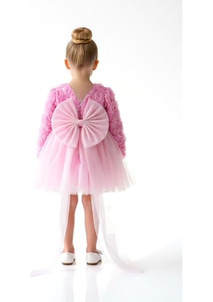 Kız Bebek Kız Çocuk Doğum Günü Parti Düğün Elbise Uzunkollu Güllü Fiyonklu Tüllü Tütü Astarlı