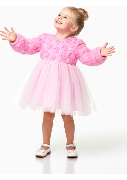 Kız Bebek Kız Çocuk Doğum Günü Parti Düğün Elbise Uzunkollu Güllü Fiyonklu Tüllü Tütü Astarlı modelleri