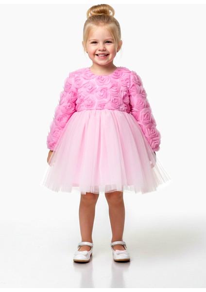 Kız Bebek Kız Çocuk Doğum Günü Parti Düğün Elbise Uzunkollu Güllü Fiyonklu Tüllü Tütü Astarlı fırsatları