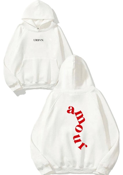 Amour Tasarım Baskılı Oversize Beyaz Kapüşonlu Sweatshirt