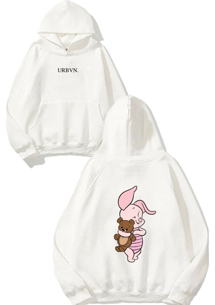 Piglet With Daisy Tasarım Baskılı Oversize Beyaz Kapüşonlu Sweatshirt