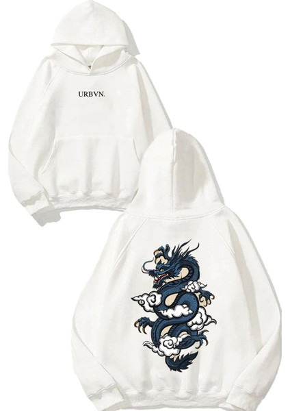 Chinese Dragon Tasarım Baskılı Oversize Beyaz Kapüşonlu Sweatshirt