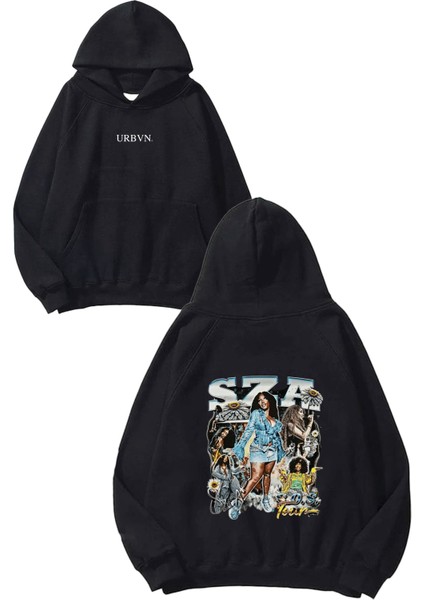 Sza Tasarım Baskılı Oversize Siyah Kapüşonlu Sweatshirt