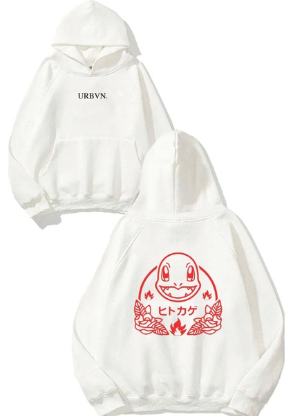 Squirtle Tasarım Baskılı Oversize Beyaz Kapüşonlu Sweatshirt