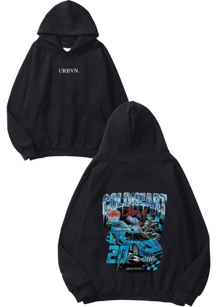 Cold Gang Tasarım Baskılı Oversize Siyah Kapüşonlu Sweatshirt