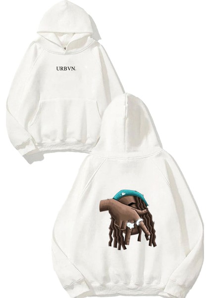 Culture Tasarım Baskılı Oversize Beyaz Kapüşonlu Sweatshirt