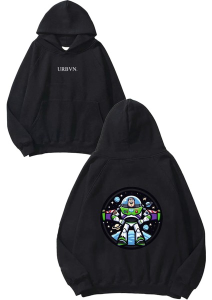 Buzz Lightyear Tasarım Baskılı Oversize Siyah Kapüşonlu Sweatshirt