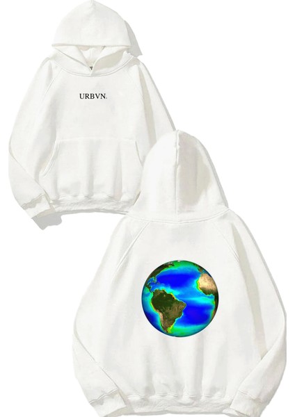 Thermal World Tasarım Baskılı Oversize Beyaz Kapüşonlu Sweatshirt