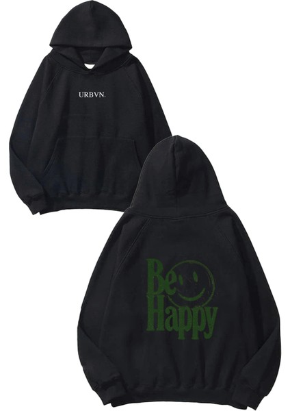 Be Happy Tasarım Baskılı Oversize Siyah Kapüşonlu Sweatshirt
